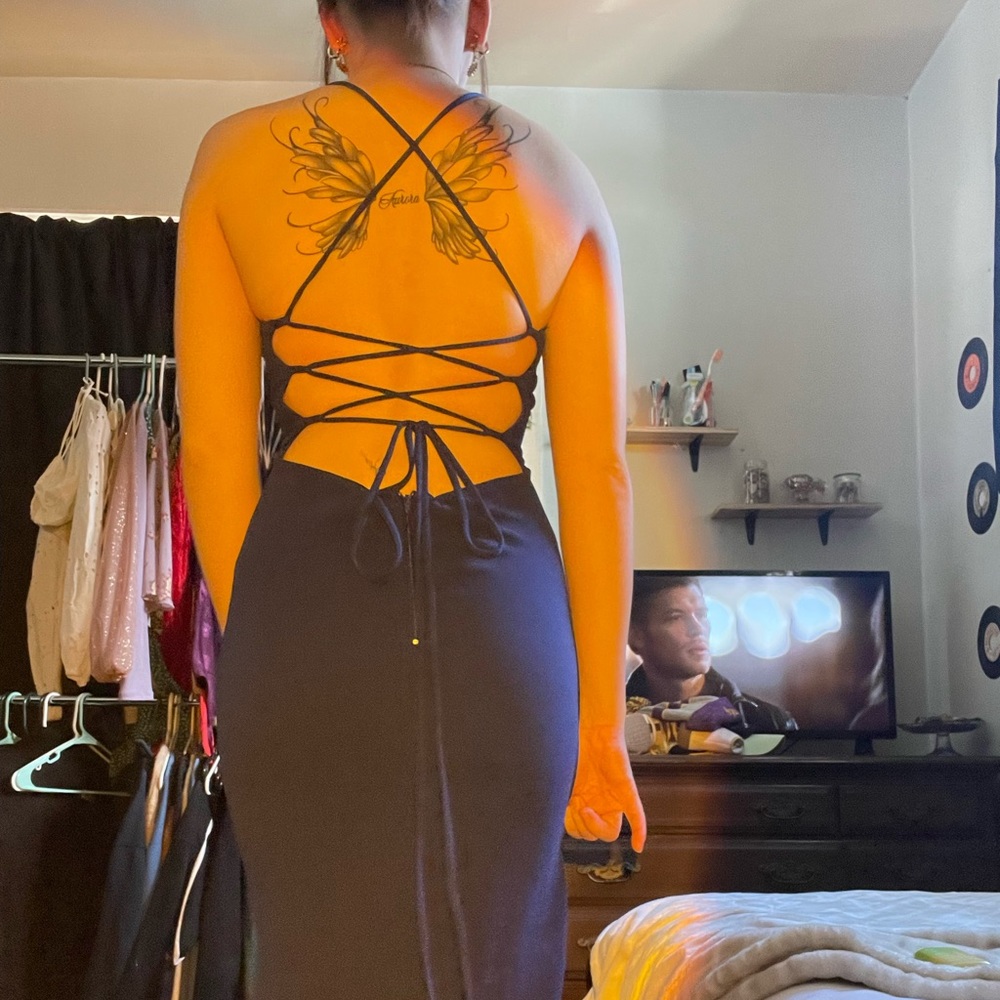 Long, dark blue, soft, back crossed, slit, prom/wedding dress